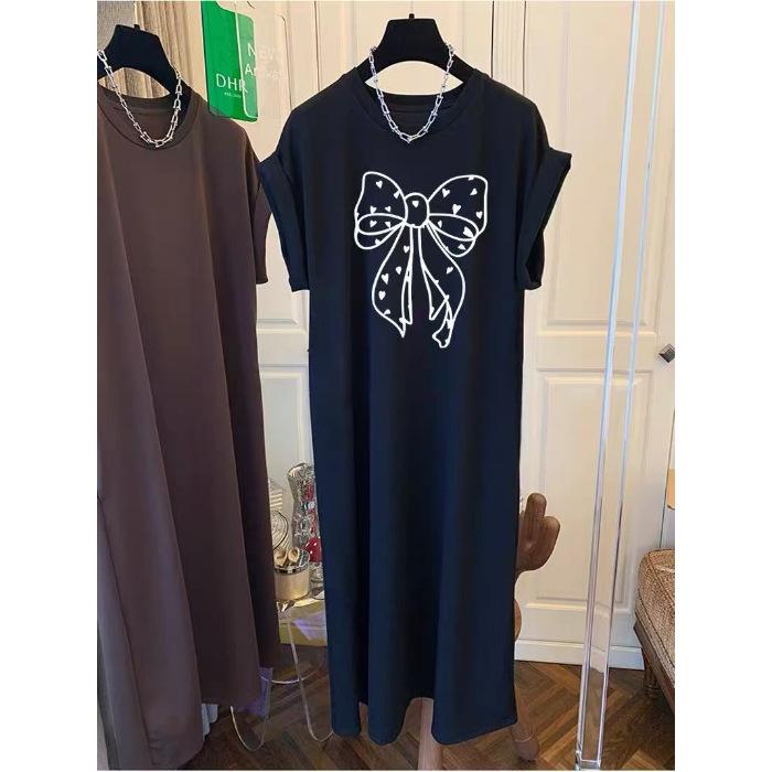 Xiaofei Sleeve Korean T-shirt Skirt Women's 2026 New Loose Casual Large Size Dress Black Split Long Dress Summer