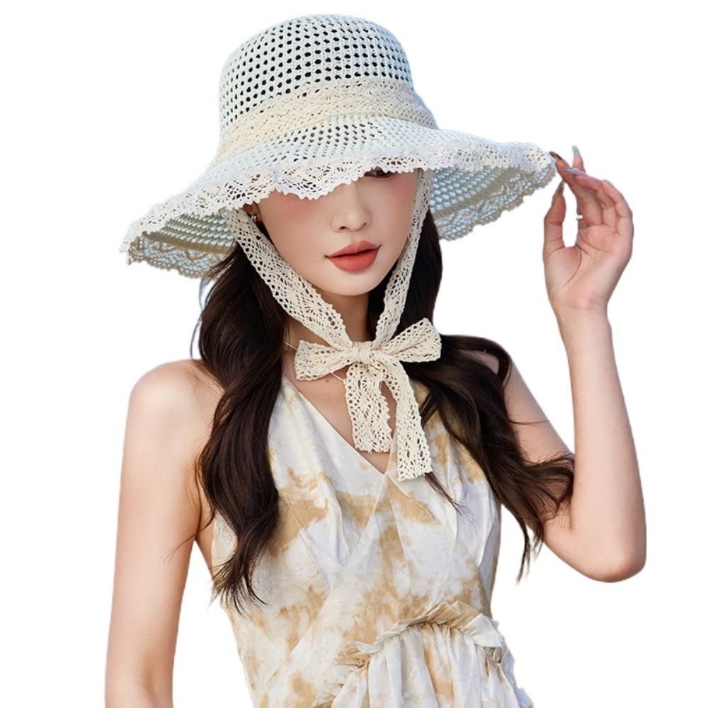 Breathable Lace Tied Sun Hat Large Brim UV Protection Cap Sweet Women Straw Hat  Travel