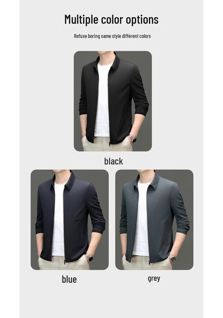 2024 Men's High-End Spring/Autumn Casual Solid Color Lapel Jacket for Middle-Aged Men - Thin Style Dad's Wear