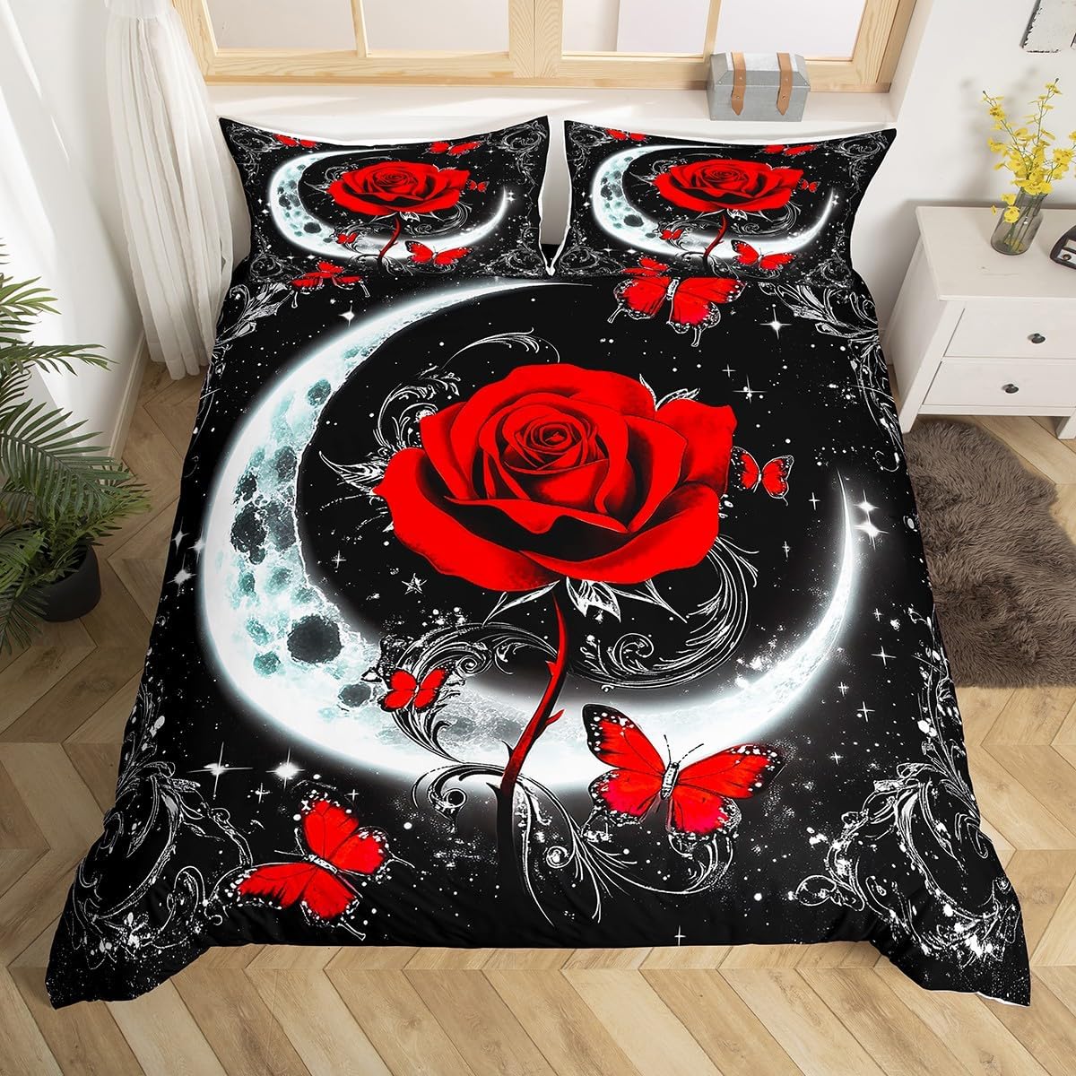 

Comforter Rose Floral Vintage Crescent Moon Comforter For Girls Womenelegant Baroque Victorian Bedding Set Twin Queen Comforter (quilt)-EU Single(135*200cm)3pcs