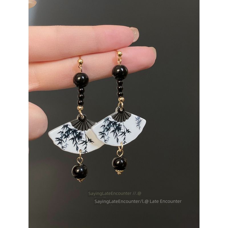 

Niche Style Fan-Shaped Women s Fall and Winter Ancient Style Cheongsam Tassel Earrings Black bead fan earrings-Silver Needle