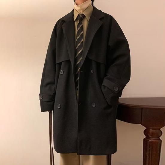 Men Windbreaker Lapel Long Sleeve Double-Breasted Casual Coat Autumn Winter Mid-length Outwear Solid Color Loose Fit Woolen Coat with Pockets