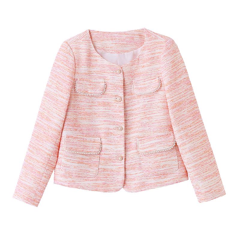 2025 Stylish Striped Beaded Round Neck Short Jacket – Spring & Autumn Collection