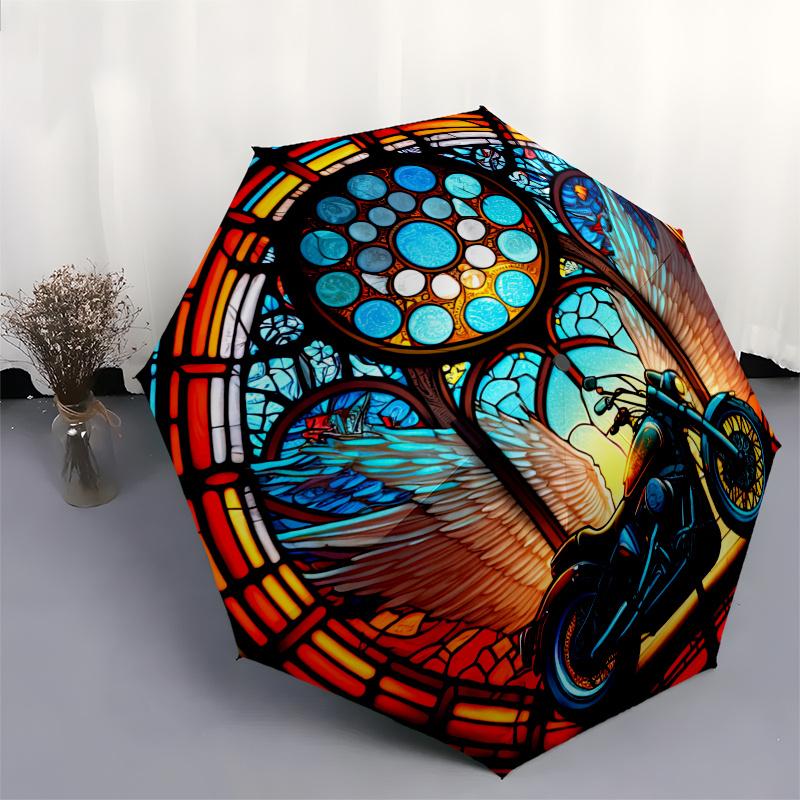 Stained Glass Motorcycle Wall Art Decor, Unique Stained Glass Motorcycle Window Panel for Home or Office Decoration Umbrella, Cute Umbrella with Cute