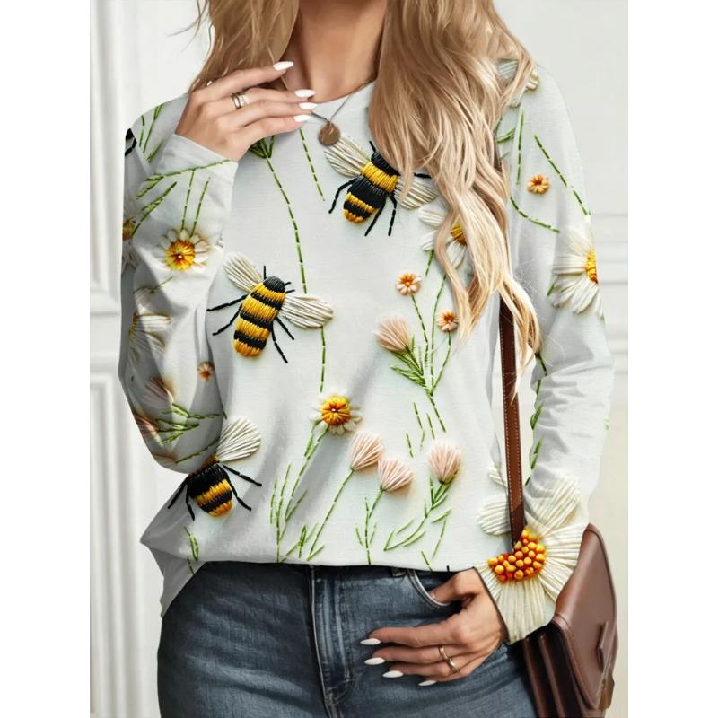 Fashion Women's Crew Neck Long Sleeve 3D Casual Color Printing Casual Short Sleeve Crew Neck T-Shirt