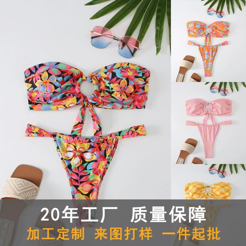 Split Bikini Print Tube Top Sexy Tight Beach Swimsuit Women