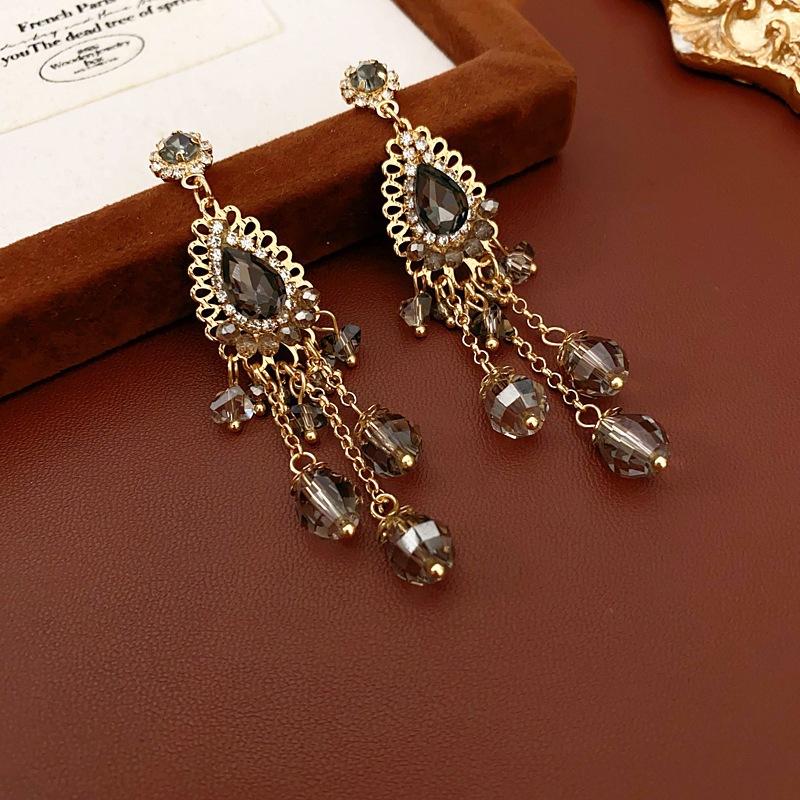 Bohemian water droplets crystal rice beads fringed ear hooks retro ethnic style earrings fashion vacation style earrings