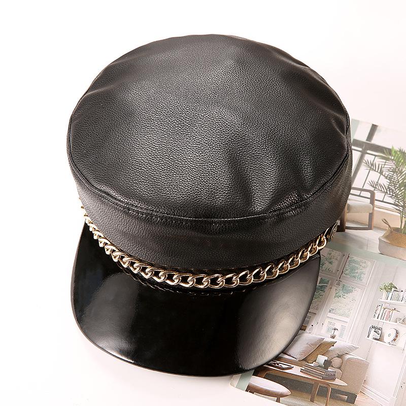 

Шляпа в стиле милитари, женская кепка из искусственной кожи, темно-синяя кепка, женская студенческая британская винтажная повседневная модная кепка с цепочкой M56-60cm чёрный