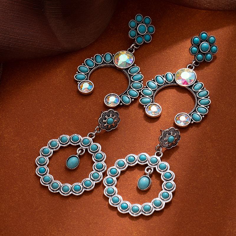 Vintage Literary And Artistic Hollow Turquoise Flower Earrings, High-End Ethnic Style Earrings, Female Bohemian Style Ear Jewelry