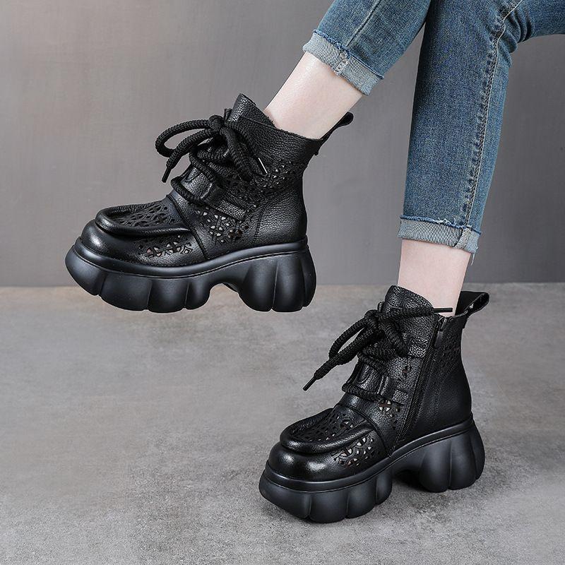 Cool boots women's 2025 spring and summer new retro sandals thick-soled hollow high-top women's shoes side zipper lace-up hole shoes