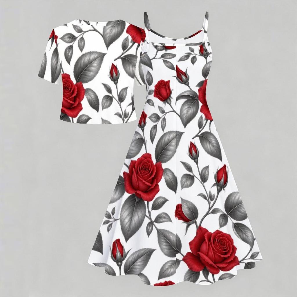 Women Plus Size Floral Printed Two Piece Set Short Sleeve Tie Front Shrug Strappy Flared Dress