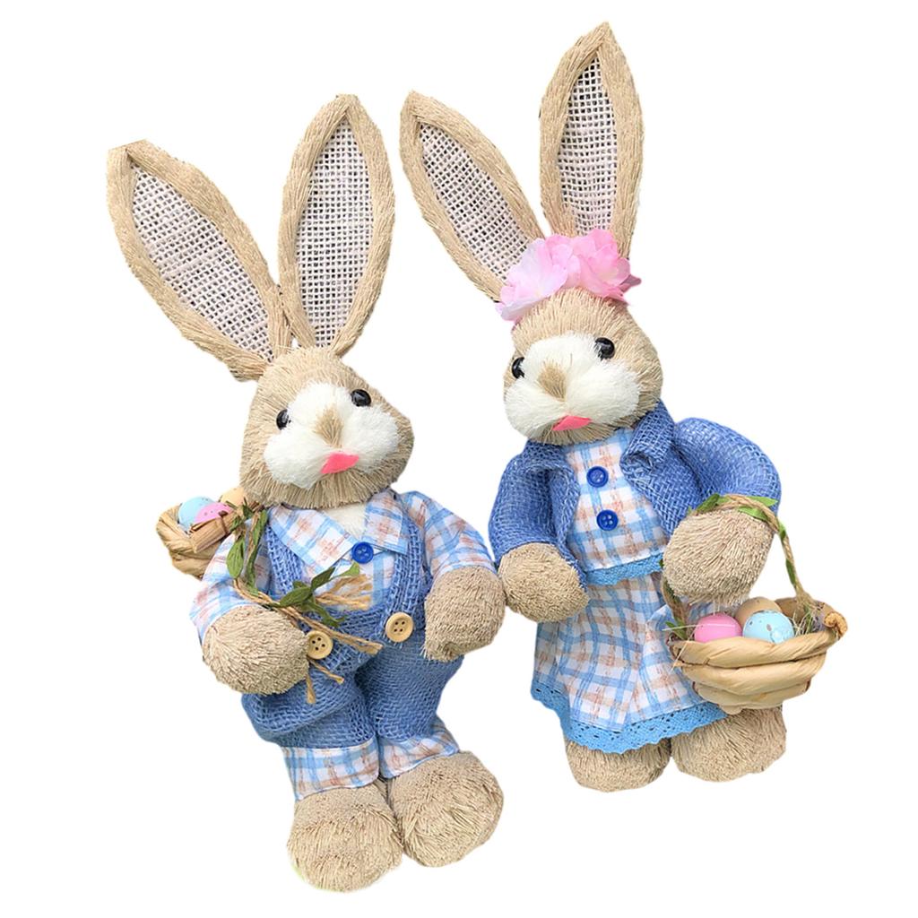 2pcs Easter Straw Bunny Figurines Farmhouse Decorations Handcrafted Straw Rabbits Sculptures For Festival Table Display