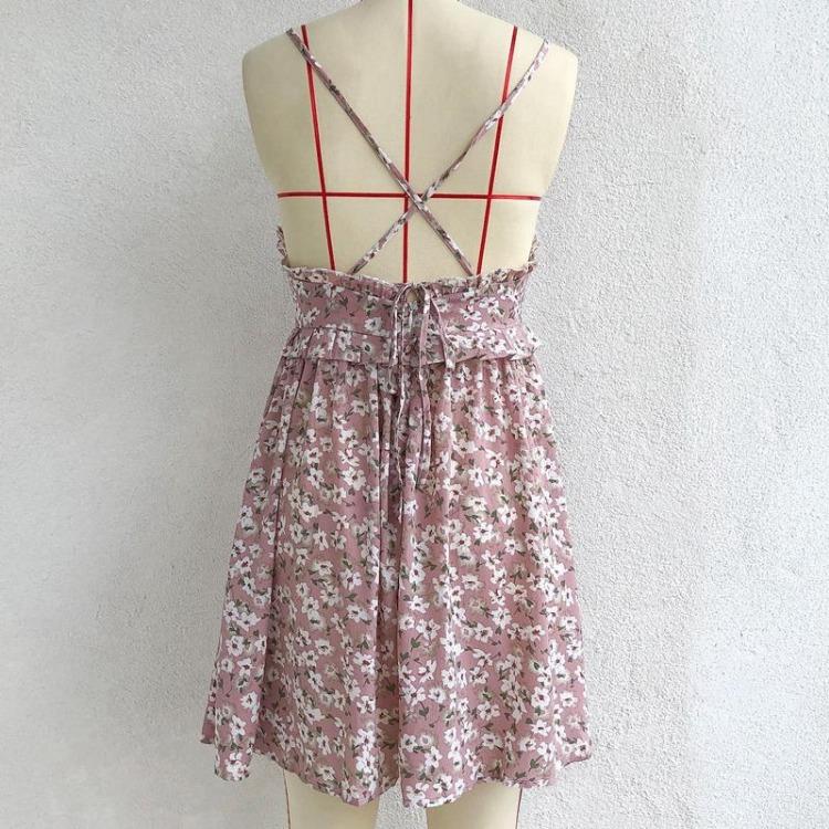 Women Floral Print Spaghetti Strap Sleeveless A-Line Dress High Waist Above Knee Spring Summer S-XL