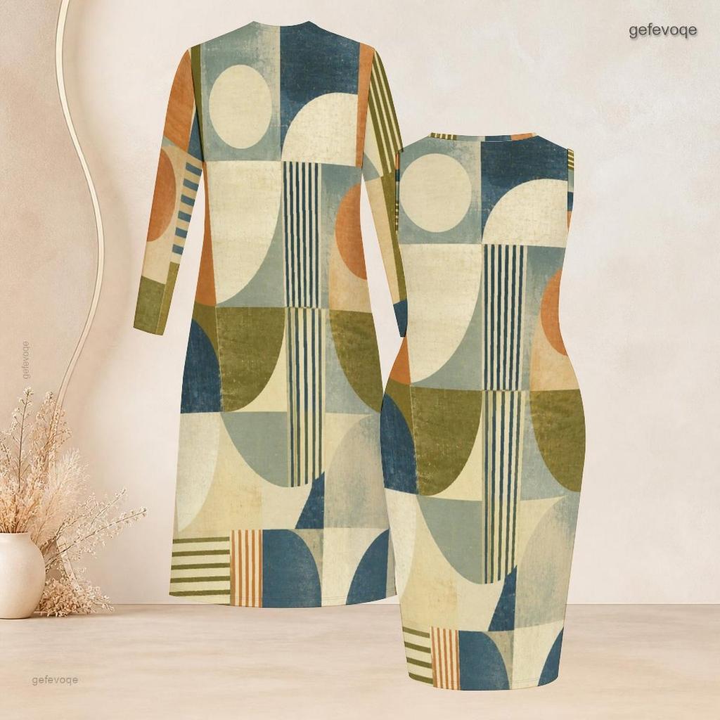 Women Plus Size Two Piece Set Geometric Printed Long Sleeve Open Front Cardigan Round Neck Sleeveless Bodycon Dress