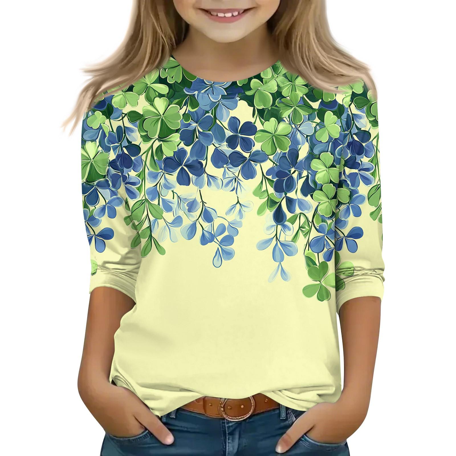 

Топы с принтом для девочек 5-16 лет с круглым вырезом и рукавами 3/4 Футболки Модные топы Наряды Футболки 130 зелёный