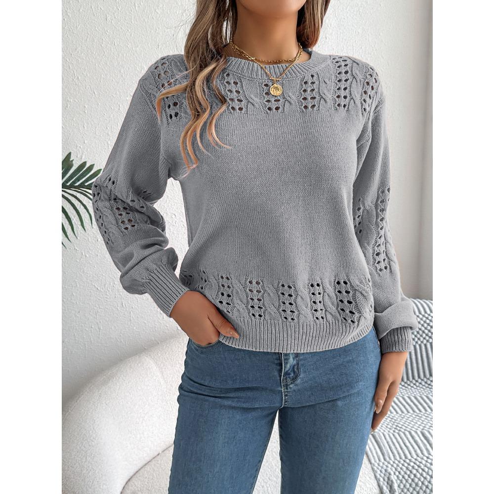 Women's Sweatshirt Casual Solid Colour Openwork Lantern Sleeve Pullover Knit Top