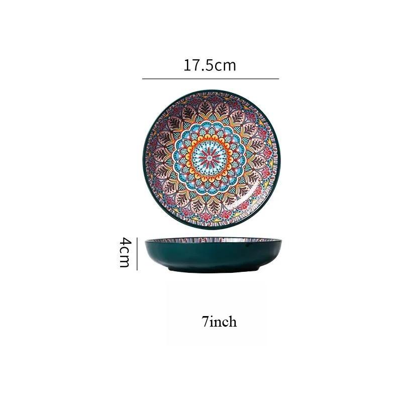 Bohemian Hand Painted Ceramic Plate 7/8 Inch, Colorful Mandala Porcelain Dinner Plate, Vintage Decorative Serving Dishes for Kitchen Dining Home Decor