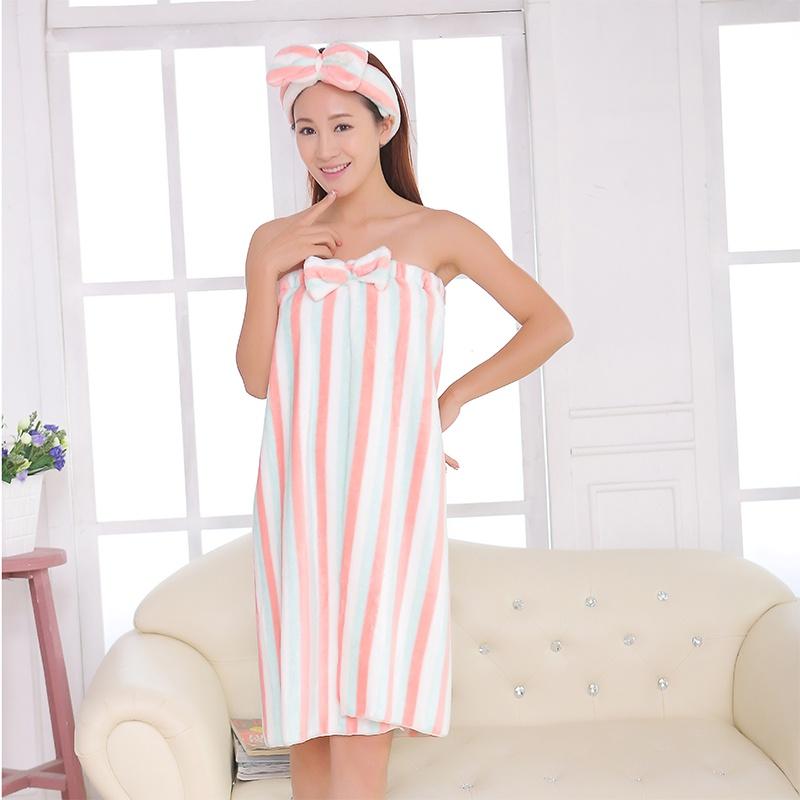 Soft Flannel Women's Bathrobe With Bowknot And Headband Perfect For Daily Wear