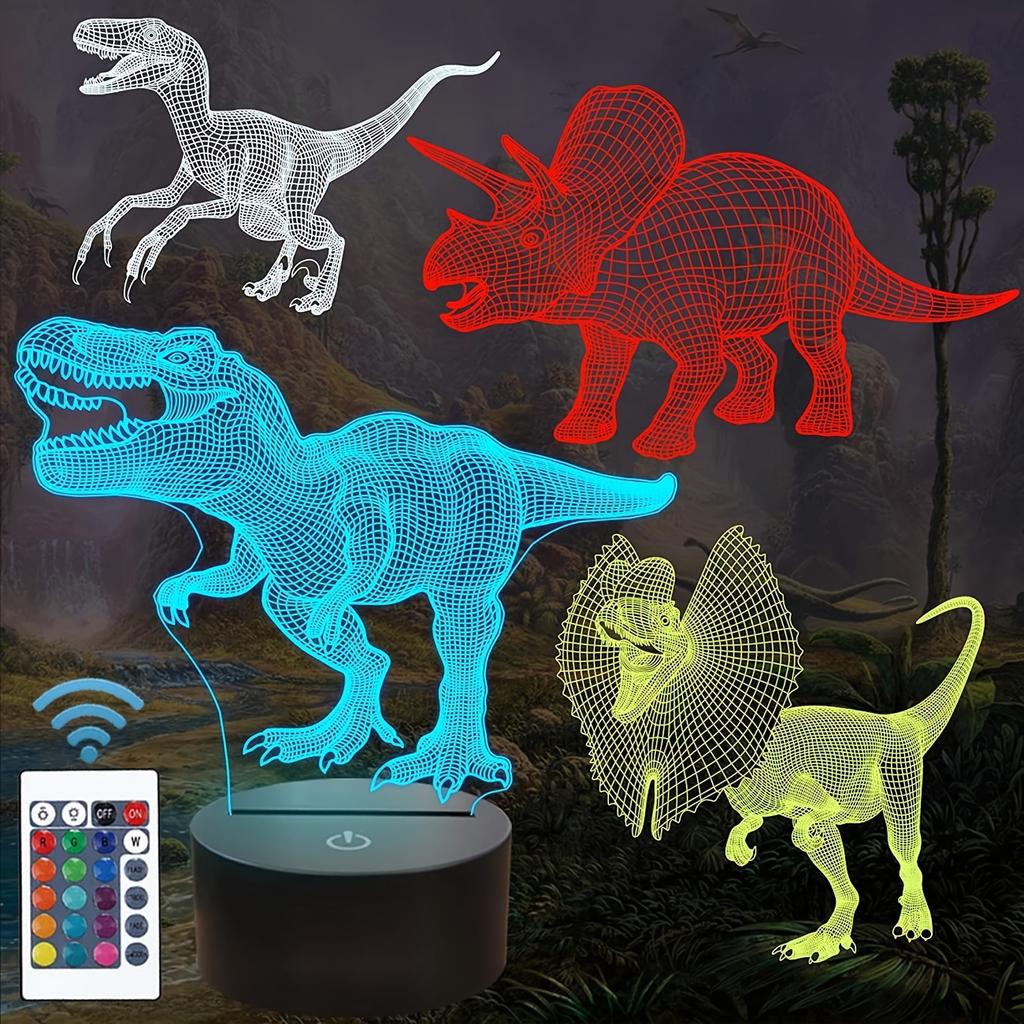 4pcs T-rex Dinosaur 3D Night Light (4 Patterns) With 1 Base, Remote Control & 16 Colors Changing & Dimmable & Gift Wrap