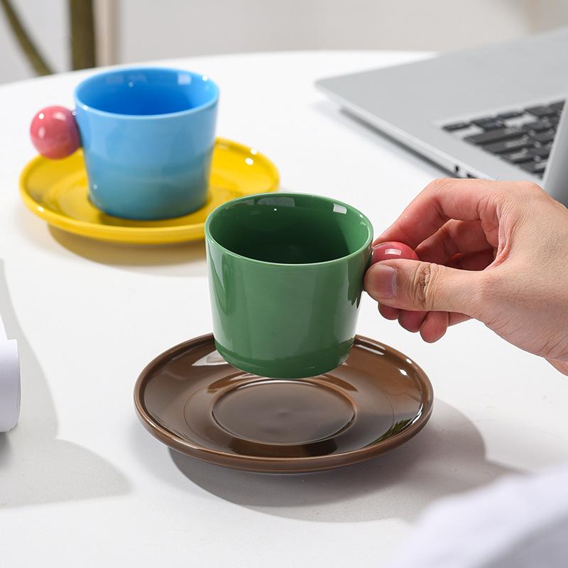 Contrast Colored Meatball Cups and Saucer Set Ceramic Cup Exquisite Coffee Cup Underglaze Colored Water Cup Super Cute Cup