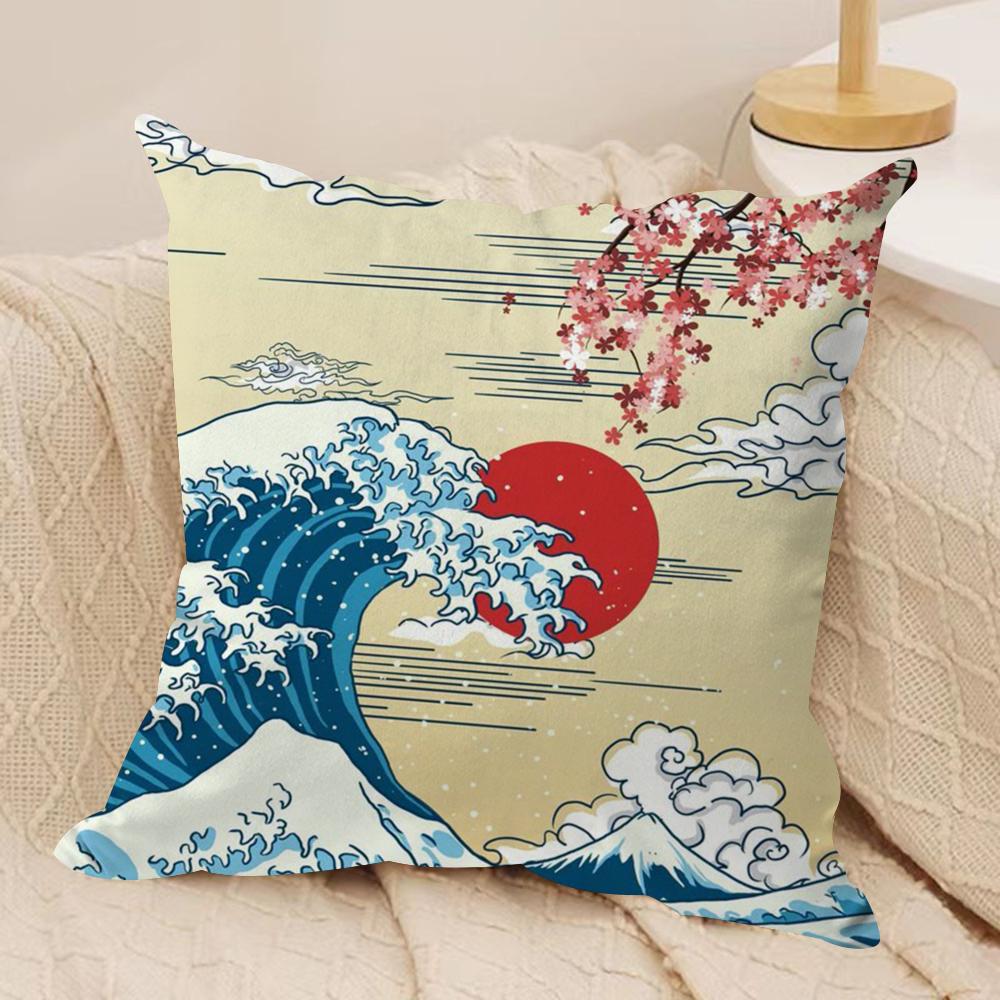 Japanese Waves Cushion Cover Silky Short Plush DoubleSided Printed Pillow Case for Sofa All Seasons Home Decor Gift