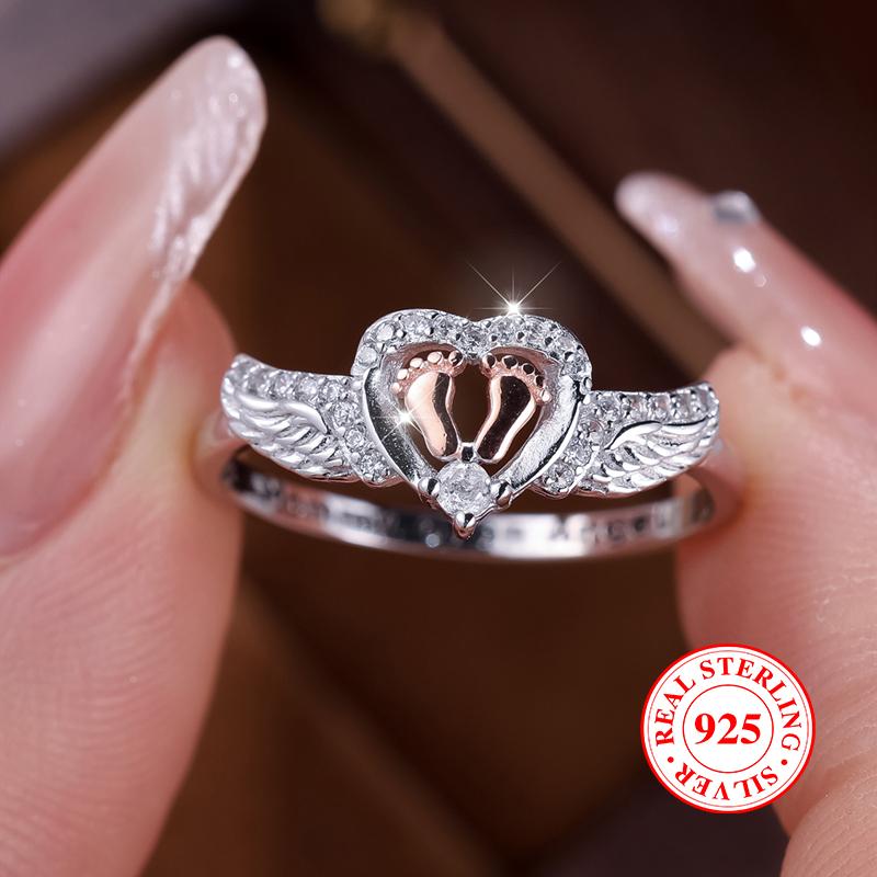 Real 925 Sterling Silver Angel Wings Baby Feet Rings for Women Jewelry Best Gift for Mother
