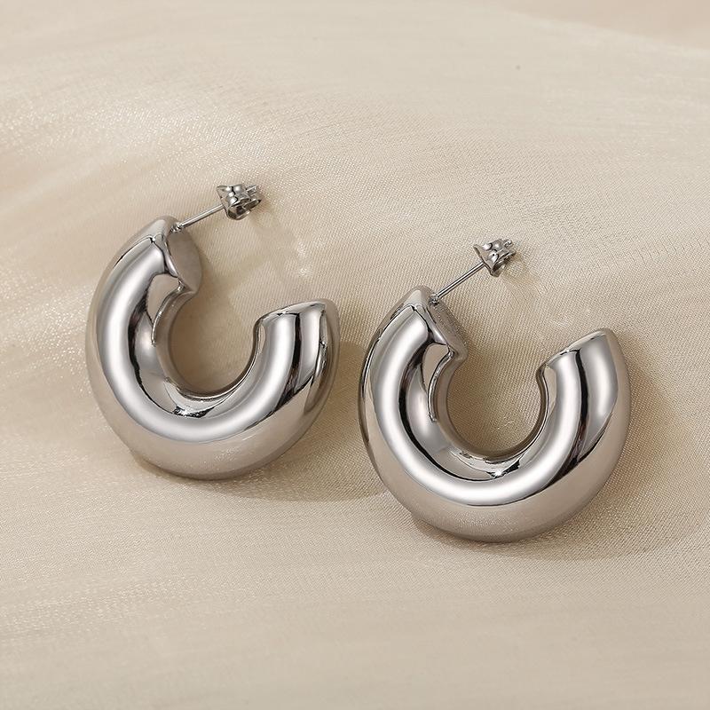 Fashion Thick Round C Shape Chunky Hoop Earrings Women Glossy Circle Gold  Color Steel Needle Stud Huggie Earrings Jewelry