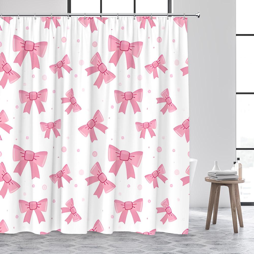 Fashion Bowknot Shower Curtains Red Pink Bow-Tie Heart Pattern Girl Gift Modern Bathroom Decorative Bath Curtain Set With Hooks