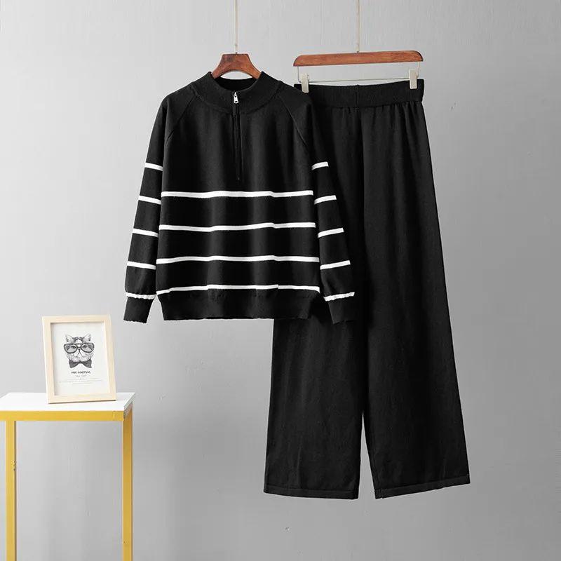 Half Zipper Sweater Pants with A Complete Set Fashion Set Stripe 2024 Autumn and Winter Western Style Loose Two-piece Set Women