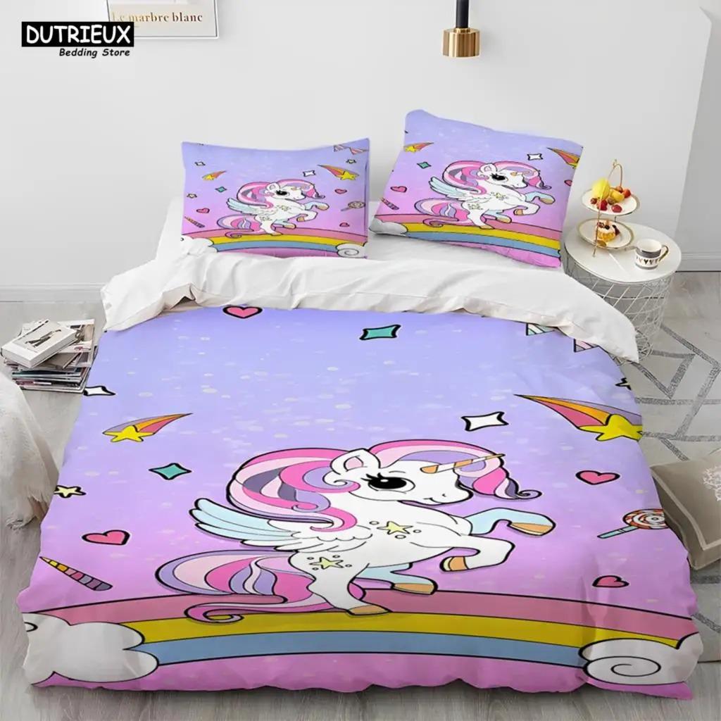 Einhorn Niedlich Cartoon Bettdecke Bettwäsche Set,Bettbezug Bett Set Bettdeckenbezug Kissenbezug,Queen Bettwäsche Set