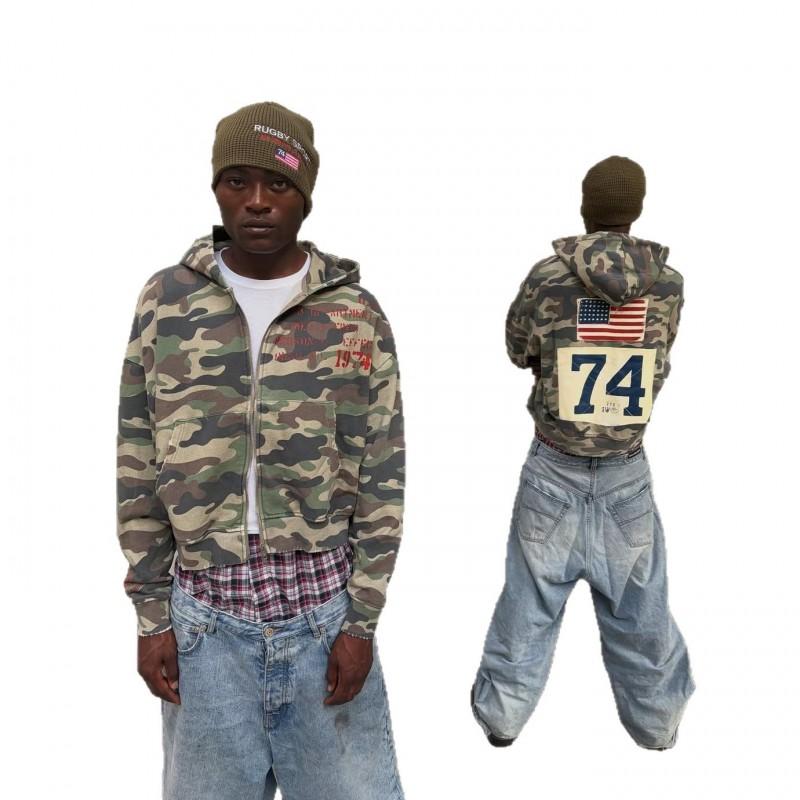 American Vintage Camo Zip Hoodie Loose Fit Men Women Casual Streetwear