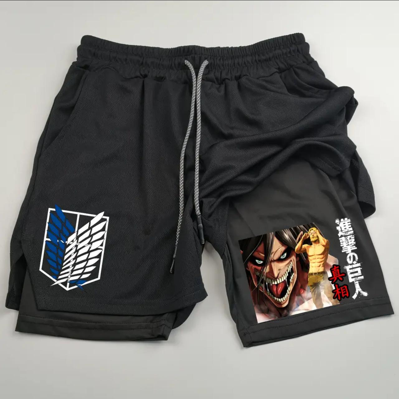 Fancy Style Studio Anime Attack on Titan Print Heren Twee-in-E&eacute;n Dubbellaags Sport Fitness Casual Shorts L