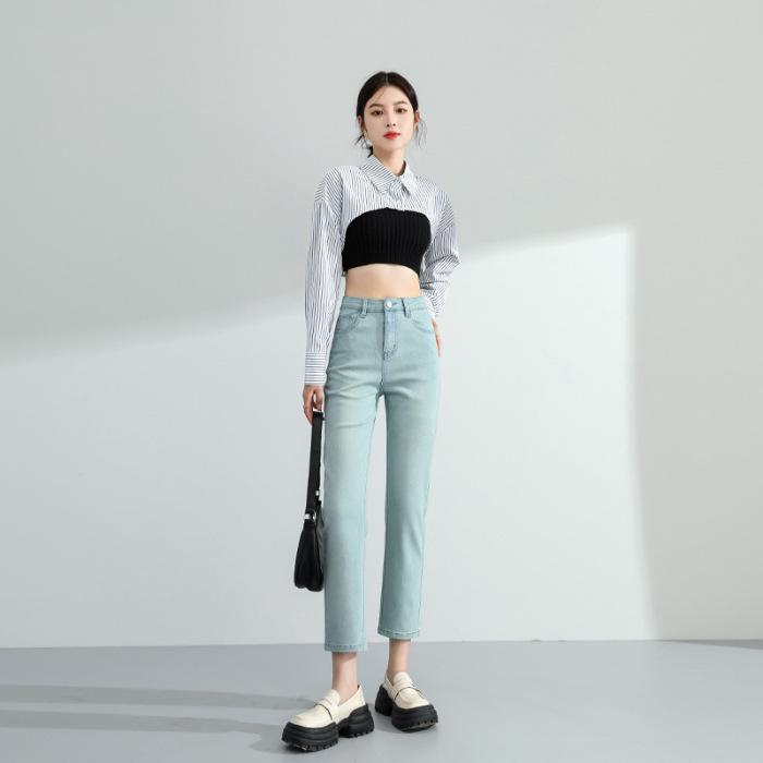 Autumn High Waist Slimming Straight Leg Stretch Jeans - Women's Soft Fabric Cropped Pants