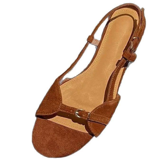 Spring and Summer Fashion Simple Straight Belt Buckle Exposed Toe Low Heeled Women's Sandals with Back Strap Flat Roman Shoes In Large Size