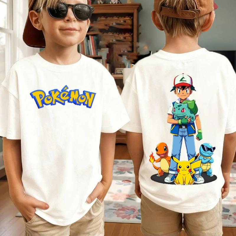 New Anime Pokemon Cosplay T Shirt Pure Cotton Short Sleeve Retro Loose Casual Family Matching Outfits For Men Women Kids