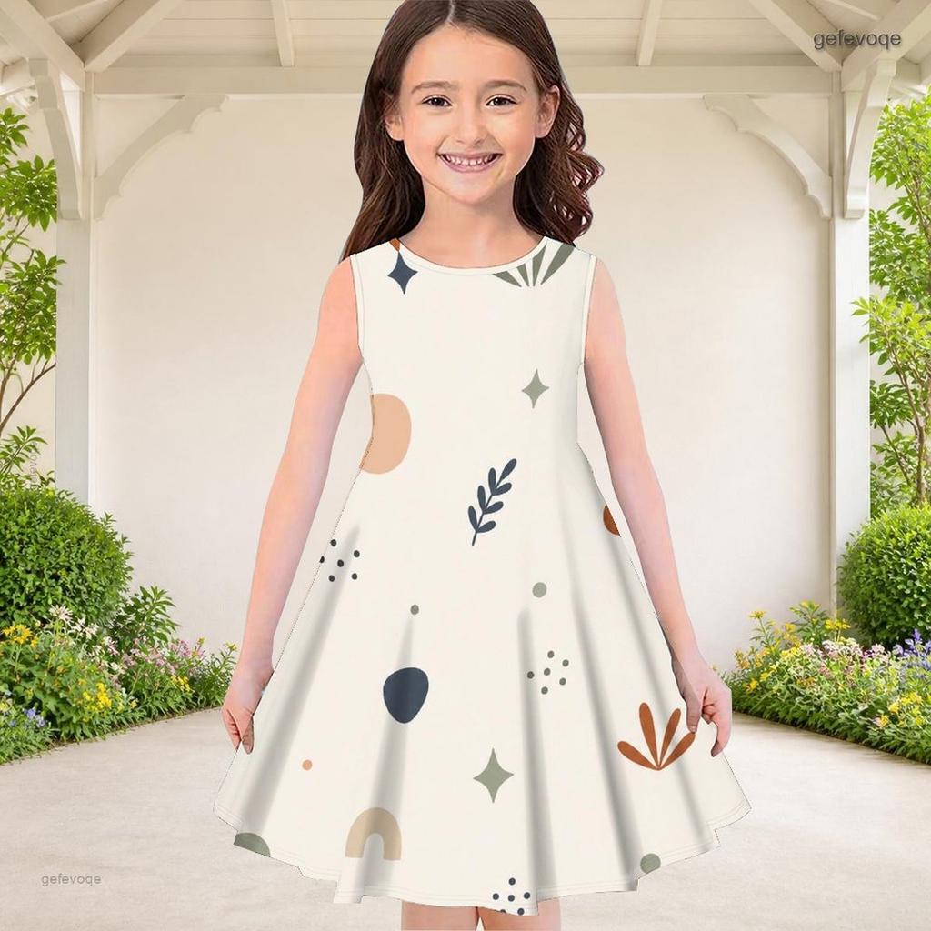 Little Girls Round Neck Sleeveless Geometric Printed A Line Flared Dress