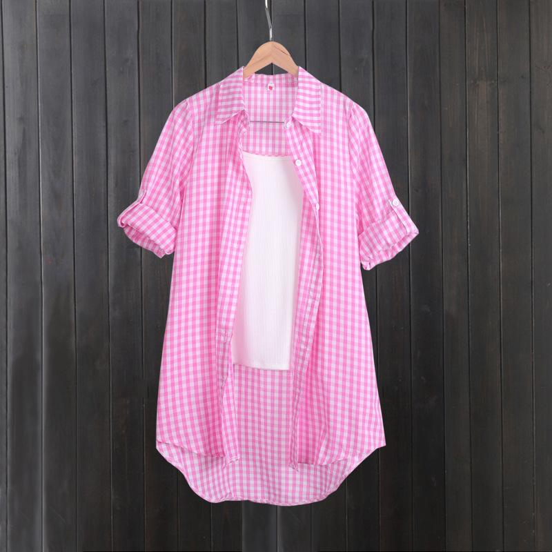 Plaid shirt women's medium and long foreign style fashion design sense spring and autumn thin coat cardigan pure cotton shirt