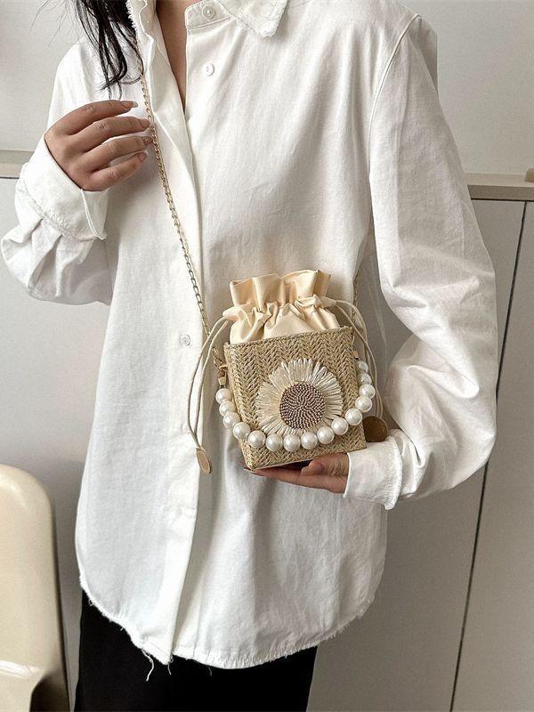 Trendy Woven Crossbody Bag With Pearl Embellishments For Girls
