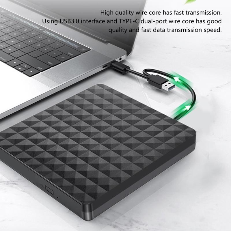 Portable USB 3.0 and Type C 2 Interfaces External DVD Drive, Fast Speed Data Transfer Writer for PC and Laptop