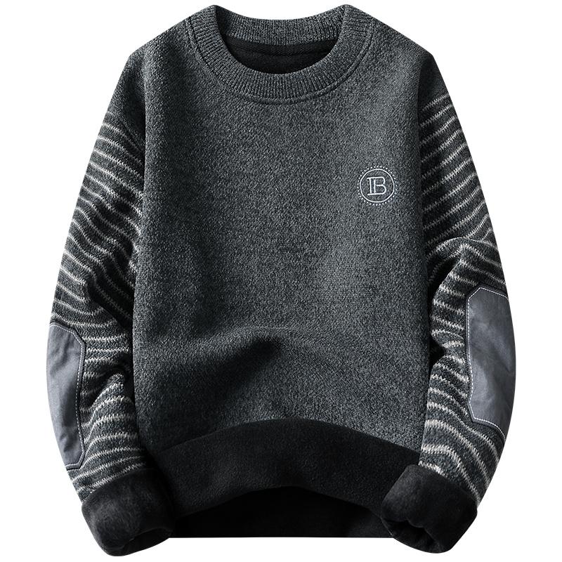 Men's Sweater Patckwork Round Neck Pullovers Fleece Lined Thick Warm Winter Knitwear Fashion Jumpers Men's Clothes
