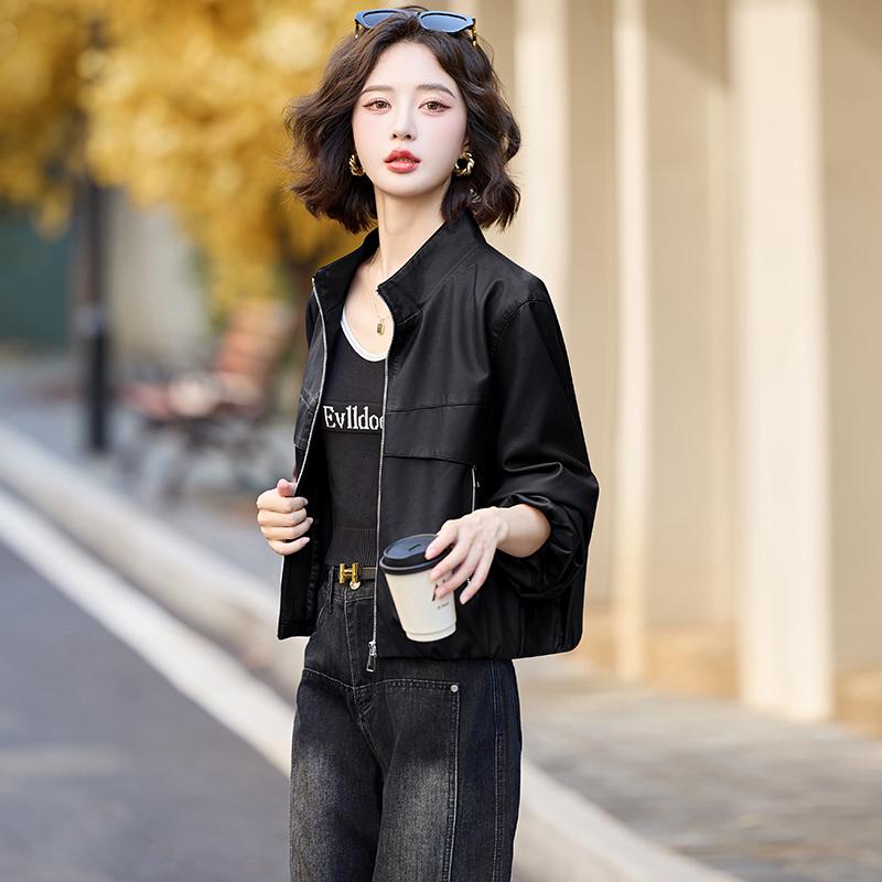 

Женская куртка из искусственной кожи высокого класса, коллекция весна/осень 2025 - воротник-стойка, короткая, свободного кроя, маленькие размеры L