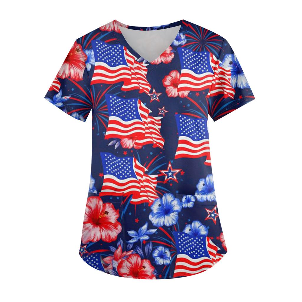 Ladies' Independence Day Printed Fashionable V-neck Pocket Short Sleeved Uniform and Caregiver Top
