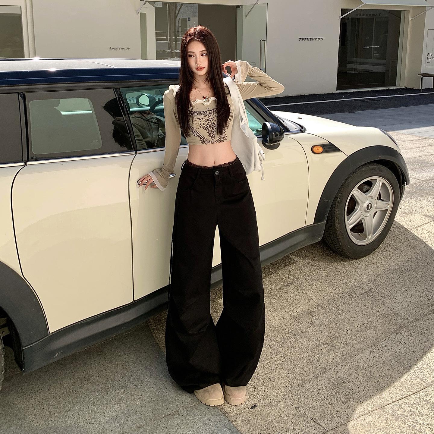 

Women s Black Lace Pleated Cargo Pants - 2025 Autumn/Winter High Waist Slimming Wide Leg Casual Pants M