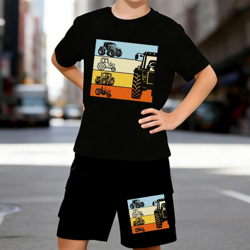 

Boys 2 Piece Cartoon tractor printed outfit, Short Sleeve T-Shirt and Shorts Set for Kids Age 5-14,Black ,White Sporty Casual Summer Clothes 5-6 Years чёрный