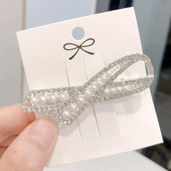 Women Hairpin Bow Shape Faux Pearl Rhinestone Faux Crystal Decor Hollow Out Exquisite Anti-slip Sparkling Luxury Hair Decoration Hair Clip