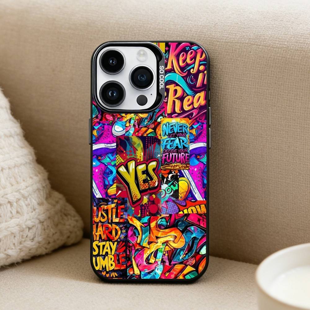 Cool Colorful Graffiti Phone Case For iPhone17, 16,15,14,13,12 Pro Max Black Candy Matte Shockproof Cover
