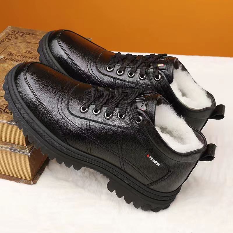 Fashion New Men's Winter Leather Shoes Fashion Plush Warm Comfortable Anti Slip Business Cotton Shoes Outdoor Black Casual Snow Boots