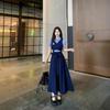 British College Style 2026 Summer Patchwork Waist-Cinched Polo Collar Long Dress for Women