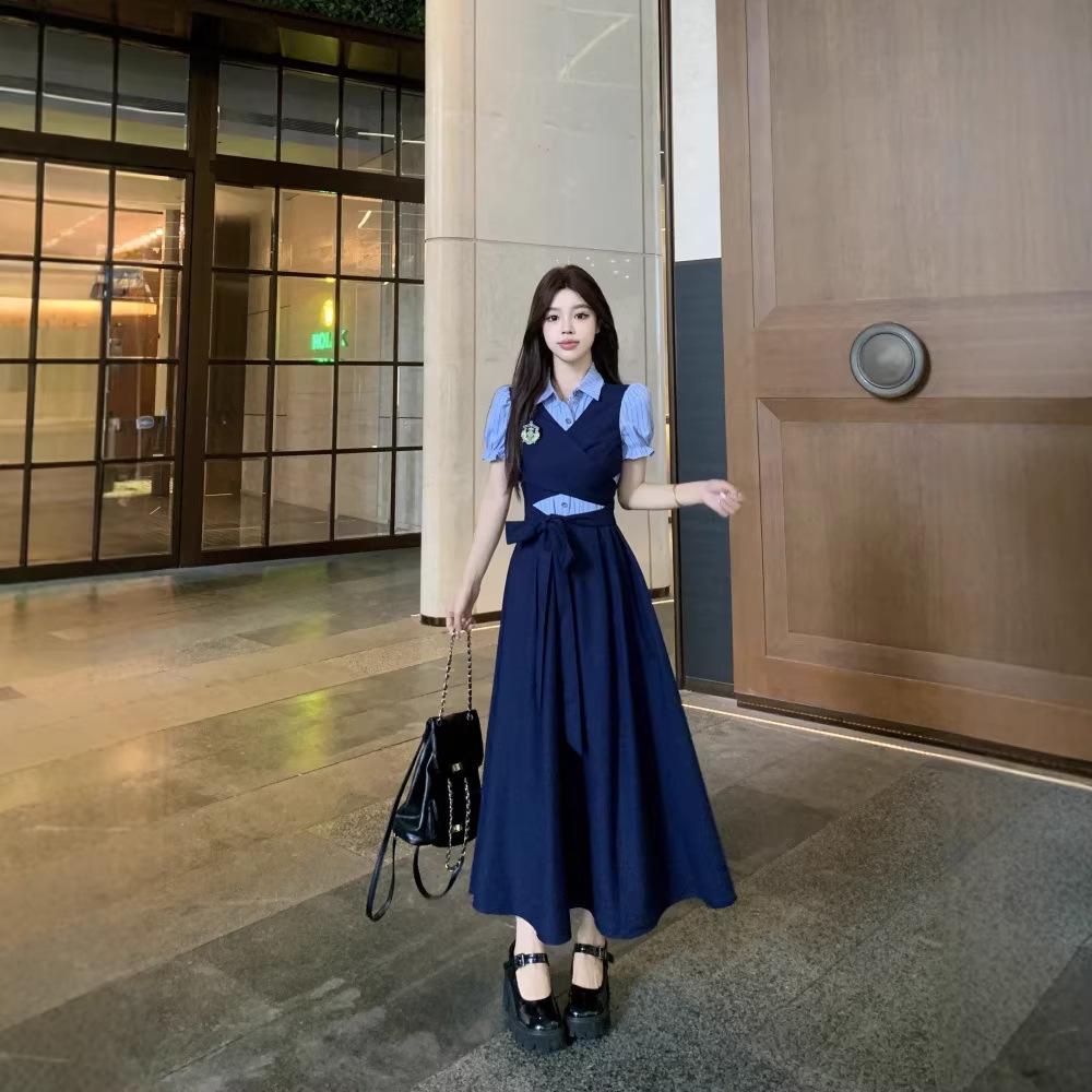 British College Style 2026 Summer Patchwork Waist-Cinched Polo Collar Long Dress for Women