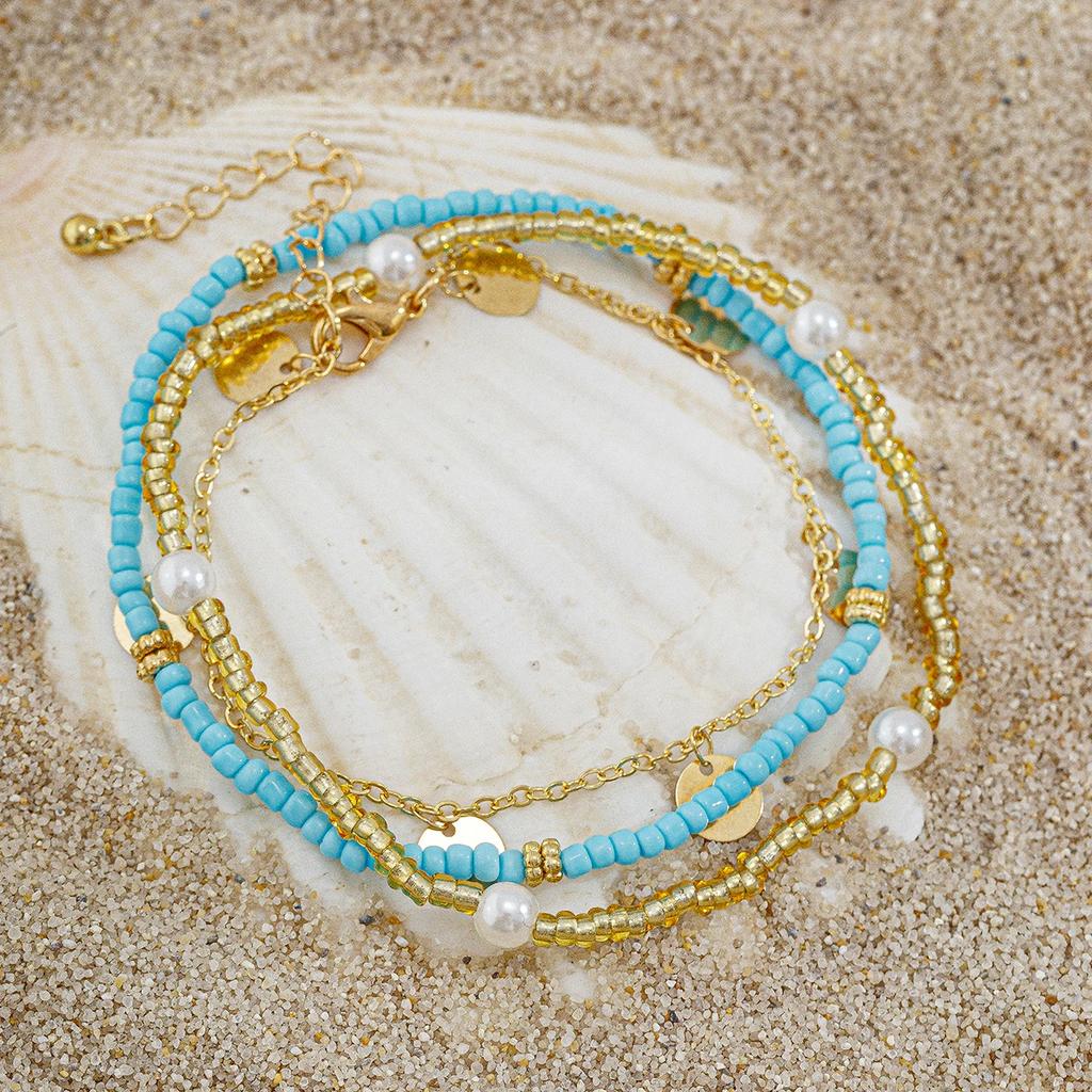 New 3Pcs/Set Kpop Boho Sequin Pendant Anklet Braclet Leg Chain Elastic Beads Link Barefoot Women Summer Jewelry Accessories